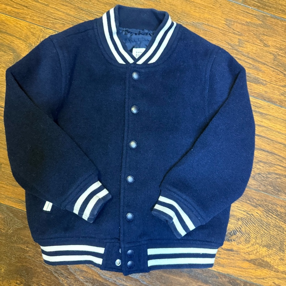 GAP Kids Varsity Jacket Boys 4T Blue Varsity Bomber Wool Blend Snap Front Lined